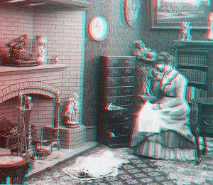An example of a woman in the late 1800’s viewing a stereo pair of photographs through a special viewer that was once a fashionable form of entertainment and fascination. This image is also a red/cyan anaglyph, meaning if you can find a pair of old school 3D glasses, you can see that the scene itself was photographed in stereo.